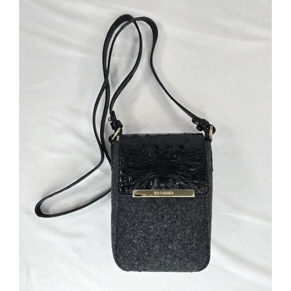 Brahmin Charcoal Magnetic Flap Small Crossbody Purse Bag Croc Embossed Leather - Picture 1 of 13
